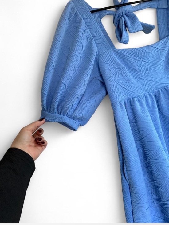 Free People Violet Blue Textured Puff Sleeve Babydoll Mini Dress - Picture 2 of 7